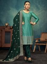 Vichitra Silk Teal Festival Wear Embroidery Work Straight Suit